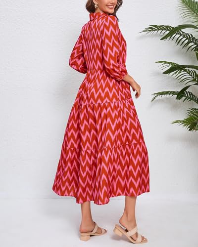 Image of YEXPINE Women Maxi Dresses 3 /4 Sleeve Button Down Print Ruffle Tired Casual Office Dress