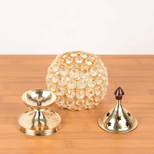 Zap Impex Handmade Brass Akhand Diya Oil Lamp with Sparkling Crystal Accents for Home Office Puja Decoration Diwali Decoration (Oval Medium) - Image 2