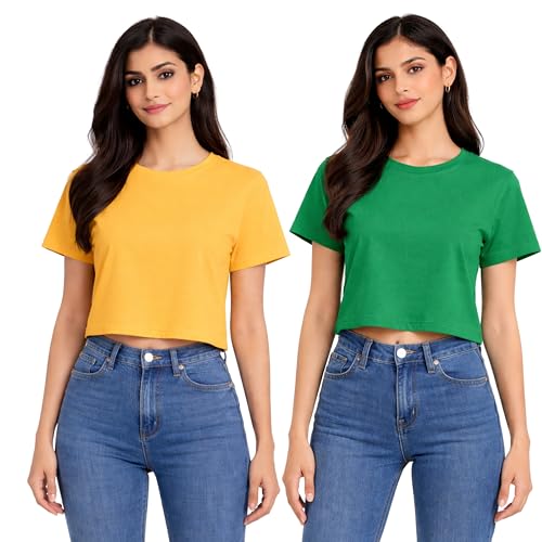 Image of Hangout Hub Women Crop Top T-Shirts | Round Neck Plain Solid Tshirts | Double Weaved | Shrink Free Tees | Casual T-Shirt for Woman Ladies Girls(Cotton|Pack of 3)
