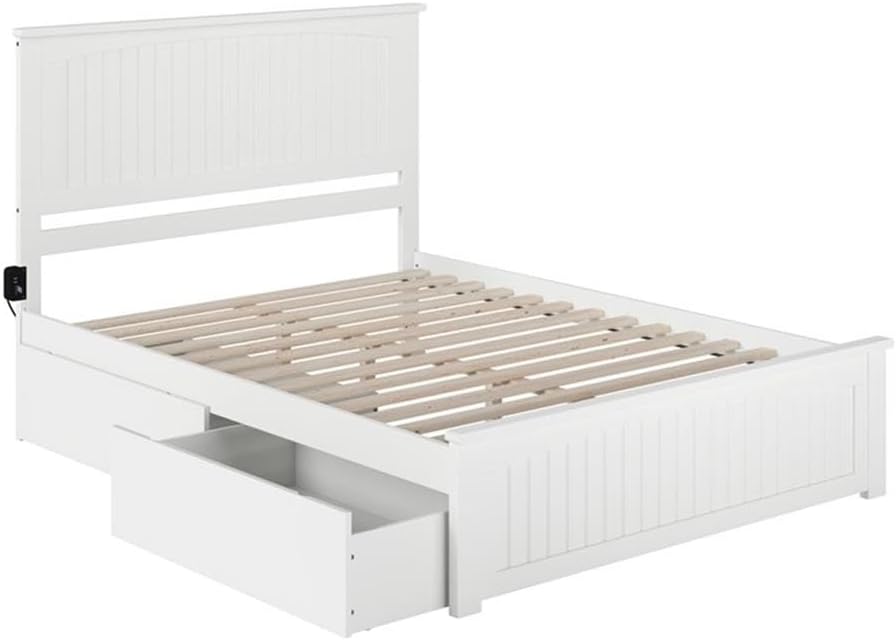 Pemberly Row Solid Wood Queen Storage Platform Bed, White Finish, 2-Drawer Design, Cottage Style with Built-In USB Charging Station, No Box Spring Needed, Bedroom Furniture, 50"H x 64.63"W x 83.5"D