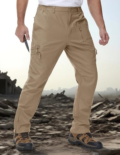 CRYSULLY Men's Work Tactical Pants 9 Pockets Khaki Cargo Pants for Men Outdoor Ripstop Hiking Trousers 34 - Thumbnail 3