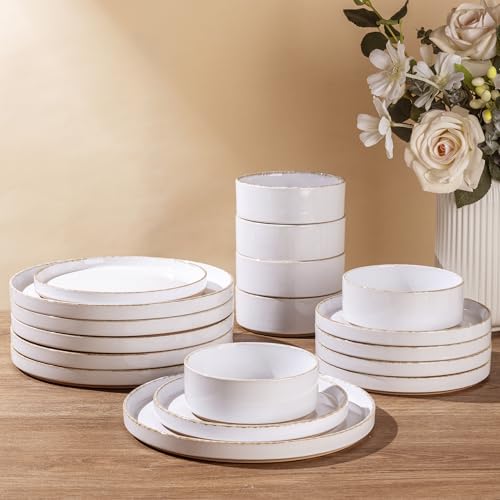 AmorArc Ceramic Dinnerware Sets for 8, 24 Pieces Handpainted Plates and Bowls Set with Rustic Terracotta Underside, Scratch Resistant Stoneware Dishes Set, Dishwasher & Microwave Safe