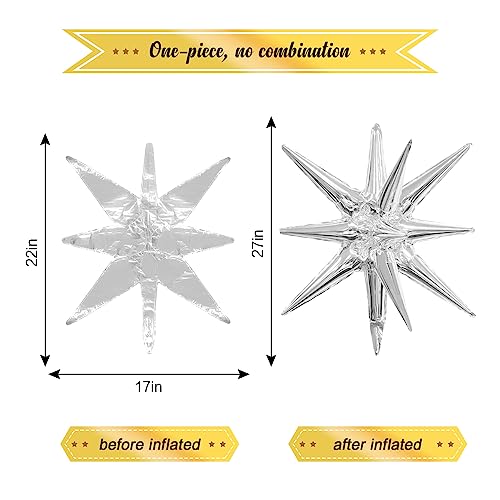 Silver Star Balloons 6pcs Foil Mylar Balloons 22 Inch Large Cone Spike Explosion Star Balloon Party Decorations for Christmas Birthday Bachelorette Disco Party