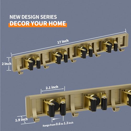 Image of reliahom Broom Holder Wall Mount Mop Hanger Tools organizer 4Racks 5Hooks | Adjustable Mop Broom Wall Hanging Heavy duty Tools Storage Rack Space-saving for Garage,Kitchen,Laundry Room,Garden, Bronze