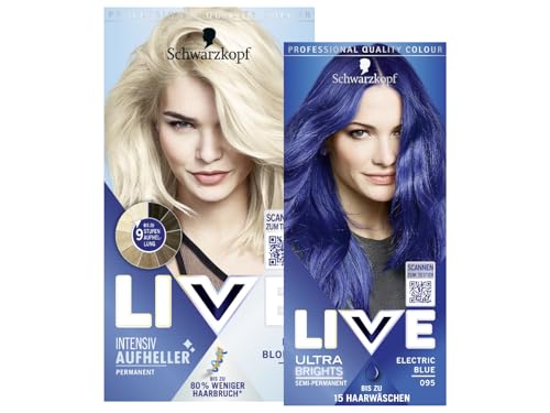 Schwarzkopf LIVE Ultra Brights Semi-Permanente Haarfarbe 095 Electric Blue (142 ml) intensive oder pastellige Farben & LIVE Aufheller Max Blonde 00B (142 ml) Blondierung ohne Gelbstich