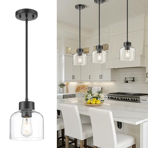 Image of 7 inch Matte Black Pendant Light for Kitchen Island, Clear Glass Shade | Modern Kitchen Pendant Lighting Over Island for Dining Room, Adjustable Height, E26 Base, AD-24024-1P-BK