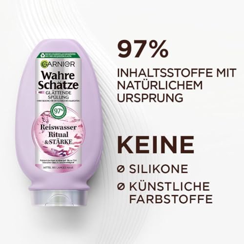 Garnier Wahre Schätze Glättendes Haarpflege-Set für mittellanges bis langes Haar, Ritual & Stärke Reiswasser-Shampoo (250 ml), Reiswasser-Spülung (200 ml), Reiswasser 1-Minute Haarkur (340 ml)
