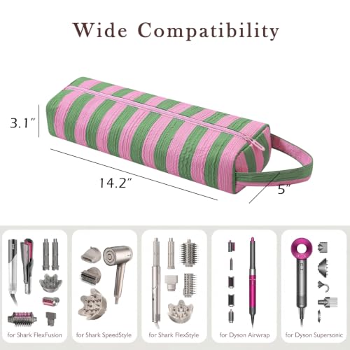 Image of RSRSLEII Striped Hair Tools Travel Bag,Hair Styling Accessories Storage Case for Shark FlexStyle,Dyson Airwrap Hair Dryer,Curling Iron,Straightener,Revlon Hair Tools,Portable&Foldable(14Green&Pink)