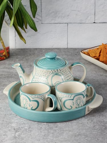 Image of miah decor Ceramic Tea Set with Kettle and Tray with 2 Cups | 500ml | Handmade Stoneware Tea Set - Cream Turquoise | Microwave & Dishwasher Safe | Food Safe | Ideal for Tea Serving & Gifting