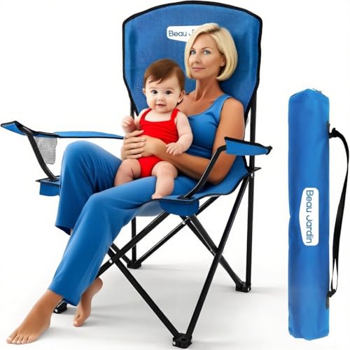 Beau Jardin Sillas Plegables Camping al Aire Libre Silla Camping Plegable 150 KG con Reposabrazos Portavasos y Bolsos Tejido Impermeable Silla Playa Ligero Portátil Adecuado Acampar Playa Pesca Azul