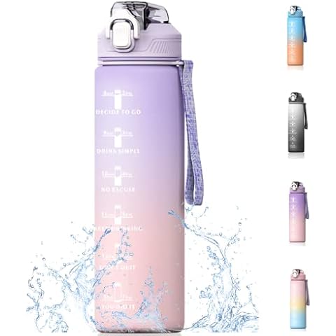 Bugucat Water Bottle 1L, Drinks Bottle with Straw and Time Markings, Jug Leak Proof,Sport Water Storage Container for Teenager Adult, Water Bottle for Gym School Cycling Fitness Outdoor Cover