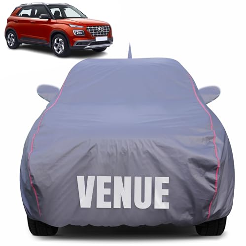 Image of 100% Waterproof Car Body Cover for Hyundai Venue (2019-2022) with Mirror Pocket (Heat & UV Resistant, Triple Stitched, Soft Lining, Bottom Elastic & Piping) Grey