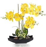 YOBANSA Real Touch Silk Orchid Artificial Flowers with Flower Pots, Artificial Phalaenopsis Fake Orchid Flowers Arrangements for Home Decoration (Yellow-A)