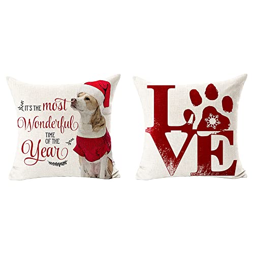 LIPOR Set of 2 Christmas Throw Pillow Cover Snowflake Love Paw Gift for Pet Dog Lover Cotton Linen Square Throw Pillow Case Home Farmhouse Decor Cushion Cover Pillowcase for Bed Coach Sofa 18x 18