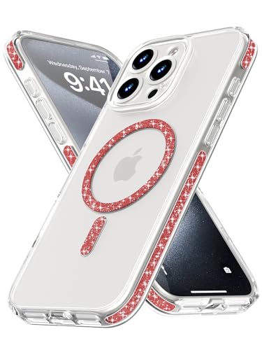 Coque iPhone 15 Pro Max rouge à paillettes MagSafe pour femme