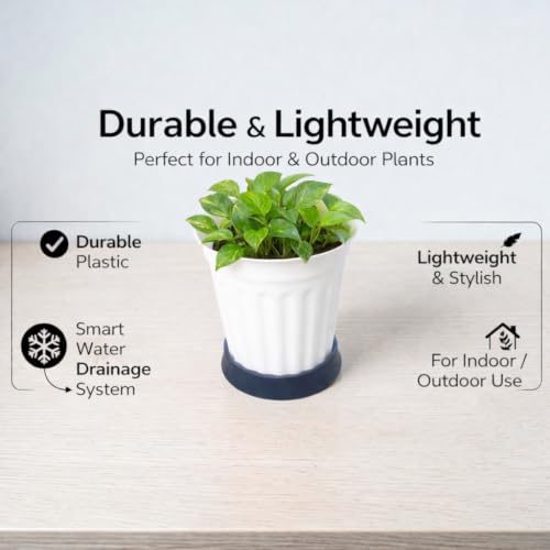 Image of TechHark WhitePlastic Plant Pots with Saucer, Ribbed Style, for Indoor and Outdoor Use, Set of 5