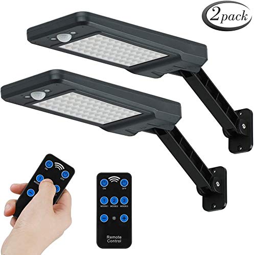 Lumiere Solaire Exterieur avec Télécommande Etanche IP65,GEYUEYA Home Lampe Solaire 60 LED Capteur de Mouvement Sans Fil Avec détection Grand Angle 120° Applique Murale pour Jardin Garage - 2 paquet