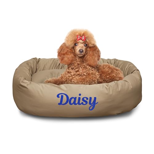 Image of Majestic Pet Personalized Calming Dog Bed - 32 Inch Bagel Washable Cozy Soft Round With Spine Support - Fluffy Donut 32x23x7 (Inch) Medium Khaki