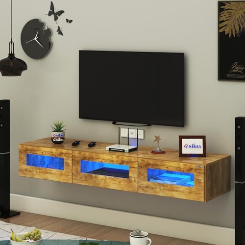 Image of Anikaa Rayza Wall Mount Modern Floating TV Unit for Living Room | 3 Closed Storage cabinets with hinged Door - 3 Blue LED Light | Ideal for UP to 65 Inch TV (Gaintwood Finish - DIY Installation)