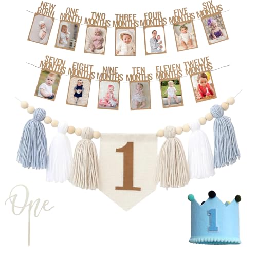 Image of Baby First Birthday Party Decorations First Highchair Banner For Baby Boys Blue High Chair Banner Crown Cake Topper Baby Photo Banner 1st Birthday Photo Backdrop (Blue)