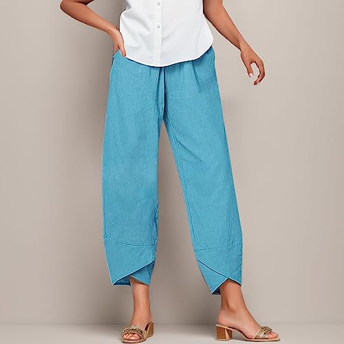 Generic Linen Pants Women jeans Linen Pants Women Palazzo Lounge Pants Cropped Comfy Baggy Trousers with Pockets Wide Leg Bottom Sweatpants Trendy 2024 Elastic Waist Pajamas Tall Long Vacation2
