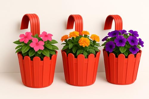 Image of Premium Railing Planter with Hook - Durable Plastic Hanging Flower Pot for Balcony, Fence Design Gamla for Indoor /Outdoor Plants, Herbs & Creepers (Pack of 3) (3, Red)