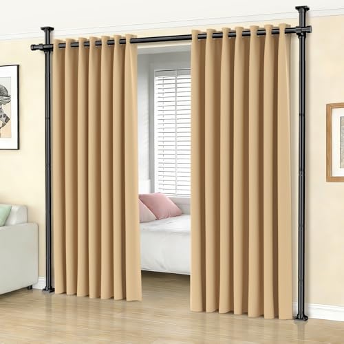 Image of SUNALLY Room Divider Tension Curtain Rod, No Drilling Room Separator for Space Partition, 4-10ft(H) 32-100inch(W) Adjustable Heavy Duty Temporary Wall Divider Floor to Ceiling Tension Rod, Black