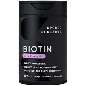 Sports Research Extra Strength Vegan Biotin (Vitamin B) Supplement with Organic Coconut Oil – Supports Keratin for Healthier Hair & Skin – Great for Women & Men – 5,000mcg, 120 Veggie Softgel Capsules