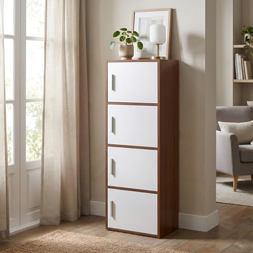 Image of Nilkamal Sear 4 Tier Wooden Storage Cabinet | Free Standing Book Shelf with 3 Doors & 3 Spacious Shelves | Engineered Wood | Organizer for Home & Office | Classic Walnut & White | DIY(Do It Yourself)