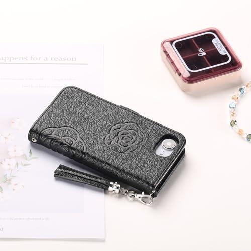 iPhone 16e 手帳型スマホケース 鏡付き カード2枚入れ かわいいカメリアお花柄 女子 Befortwo アイホン16e ケース 手帳型 ストラップホール 取り付けタッセル 大きいサイドポケット付き 使いやすい アイフォン16e スマホカバー 手帳型 マグネット式 落ち着いた色 女性らしい シンプルデザイン キーホルダー穴付き ブラック
