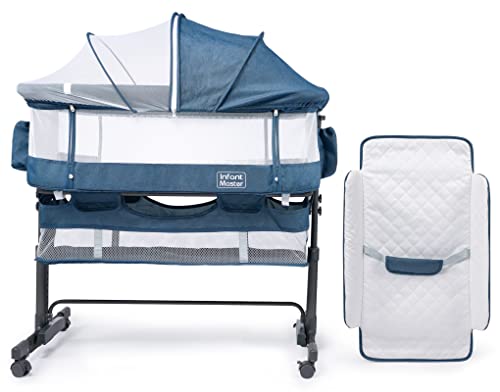 Image of 4 in 1 Baby Bassinet, Upgraded Nursery center w/ Diaper Changer, 360° Highly Visible Mesh wall, Comfy Newborn Bassinet with 5 Level Adjustable Height, Portable Baby Travel Crib for baby, Blue