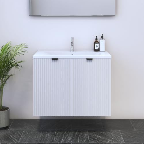 Meble Furniture Nicole 2D 80 32'' Floating Bathroom Vanity - Modern Bathroom Vanity with Single Sink - Vanity with Spacious Storage for Bathroom - Contemporary and Unique Bathroom Sink Vanity - White