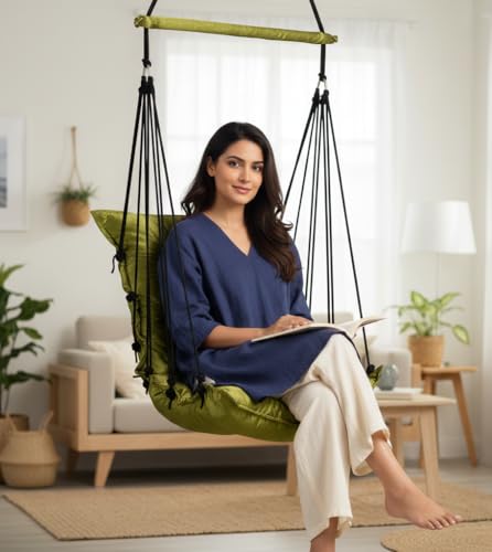 Image of Patiofy Jhula for Balcony /Swing for Balcony for Adult /Jhoola for Home /Wooden Swing Indoor /Hammock /Suitable for Indoor & Outdoor / 120Kgs Weight Bearing Capacity (Olive Green)