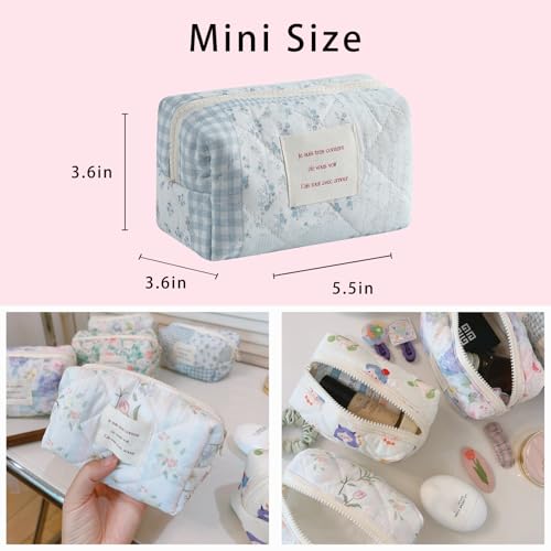uekeboag Small Cute Floral Quilted Cotton Makeup Bag,Mini Coquette Quilted Cosmetic Pouch with Zipper,Kawaii Travel Toiletry Bags for Purse(01 Blue checked Flower)2