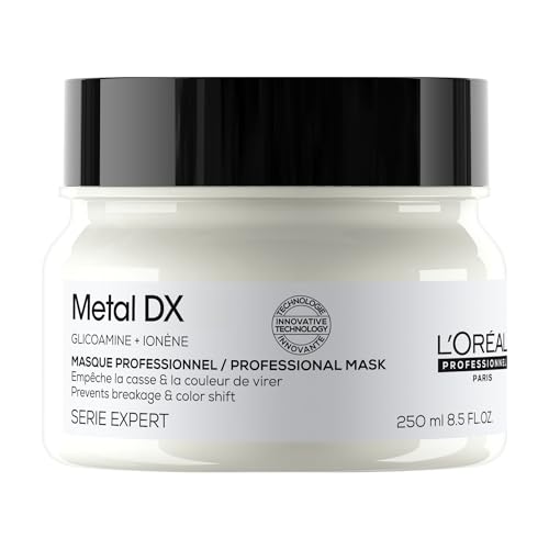L'Oréal Professionnel Haarmaske für alle Haartypen, Anti-Haarbruch, Feuchtigkeit, Geschmeidigkeit & Glanz, kraftvolles Haar, frischer Duft, mit Glicoamin, Serie Expert, Metal DX Maske, 250ml