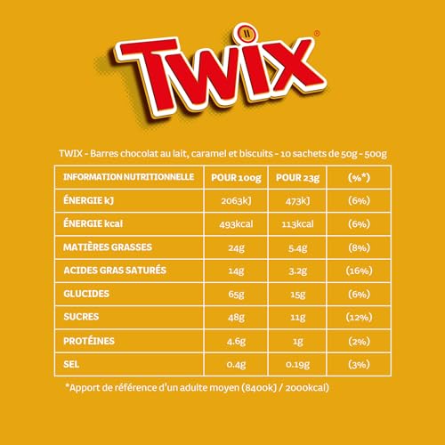 TWIX - Barres chocolat au lait, caramel et biscuits - 10 sachets de 50g - 500g