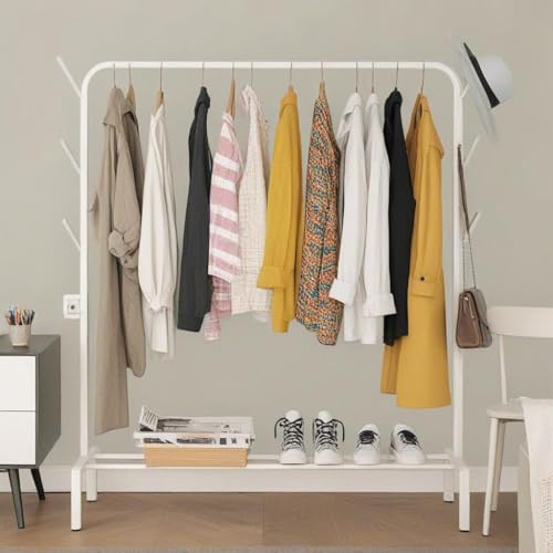 Image of Owme Heavy Duty Metal Garment Rack with Wheels | Portable Clothes Hanging Stand | Rolling Clothing Rack for Bedroom, Laundry & Retail Store | Space Saving Cloth Stand - WHITE