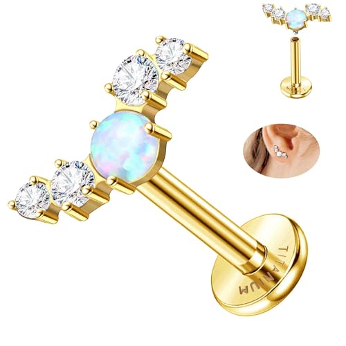 ORAZIO G23 チタン ボディピアス 16g ジルコニア 軟骨ピアス レディース 花 オパール 可愛い ヘリックス ピアス 18K ゴールドメッキ 金属アレルギー対応 ネジ式キャッチ ボディピアス アクセサリー (ゴールド-オパール)