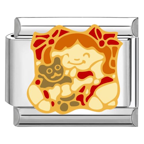 Quiges - Quiges Module de breloque de style italien de 9 mm en acier inoxydable - Fille heureuse avec ours en peluche pour bracelets italiens, Cuivre