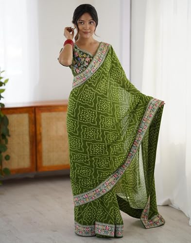 Image of SIRIL Women's Georgette Bandhani Printed Saree with Unstitched Blouse Piece