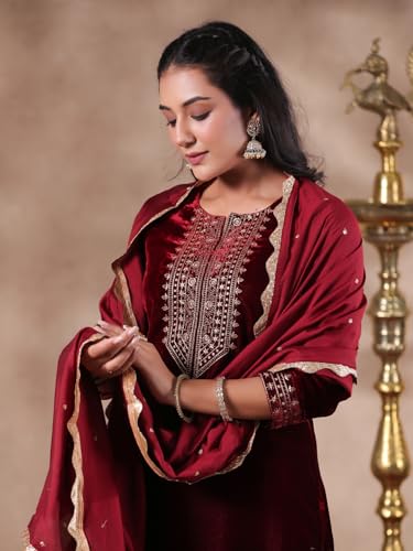 Image of ishin Women's Velvet Yoke Design Zari Maroon Straight Kurta Suit Set with Trousers & Dupatta