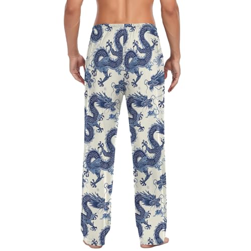 Men’s Chinese Dragon Pattern Pajama Pants with Pockets, Comfortable Lounge Sleep Bottoms#432
