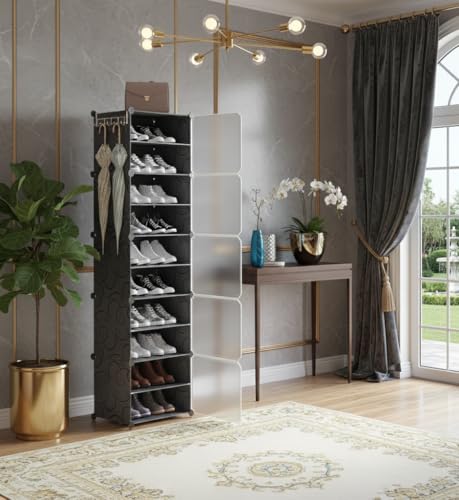 Image of KRISHYAM DIY Shoe Rack Organizer with Doors | 20 Pair Capacity | Portable Shoe Storage Cabinet for Boots, Shoes & Slippers | 10 Shelves - 5 Door Closet Organizer (Black)