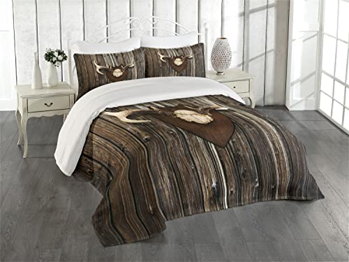 Lunarable Antler Coverlet, Rustic Home Cottage Cabin Wall Antlers Hunting Lodge Country House Trophy Print, 3 Piece Decorative Quilted Bedspread Set With 2 Pillow Shams, Queen Size, Dark Brown #TOP12