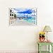 Rajahubri 3D Beach Fake Window Wall Stickers Blue Sky Window View Wall Decals Seascape Wall Sticker Removable Ocean Beach Wall Decals for Bedroom Kids Room