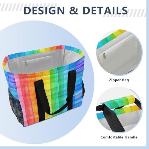 YETTASBIN Rainbow Stripes Large Foldable Travel Tote Bag, Lightweight Waterproof Swim Pool Bag with Handles & Pocket for Beach Outdoor, Reusable Grocery Bag for Kitchen, Shopping4