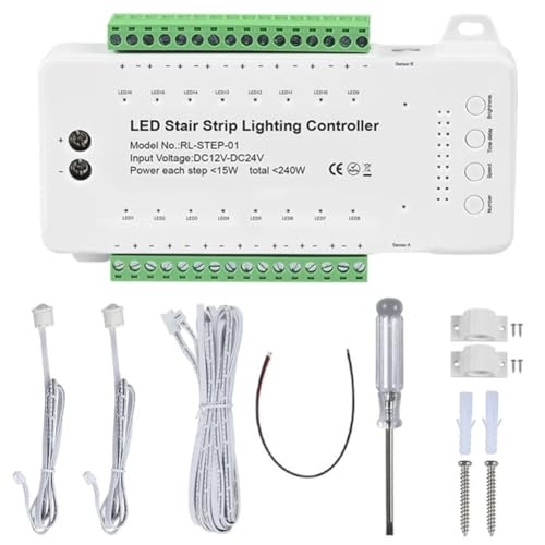 Hopbucan 16 Canaux LED Escalier Lumière Escalier Contrôleur 2 PIR pour Intérieur Flexible LED COB Bande Lumineuse Sans Télécommande