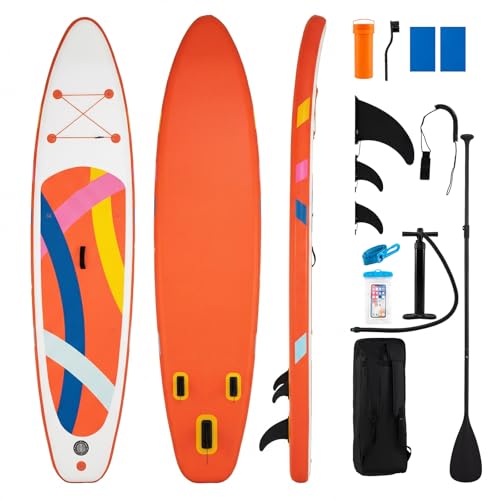 Image of GYMAX 11 FT Inflatable Stand Up Paddle Board, Bodyboard with Accessories, Adjustable Paddle, Non-Slip Deck, Fins, Leash & Hand Pump, Stable SUP for Touring, Yoga & Fishing (Orange+White)