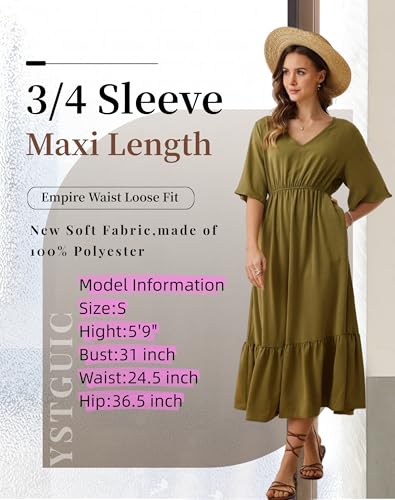Image of Women's Summer Short Sleeve Maxi Floral Flowy Dresses with Pockets