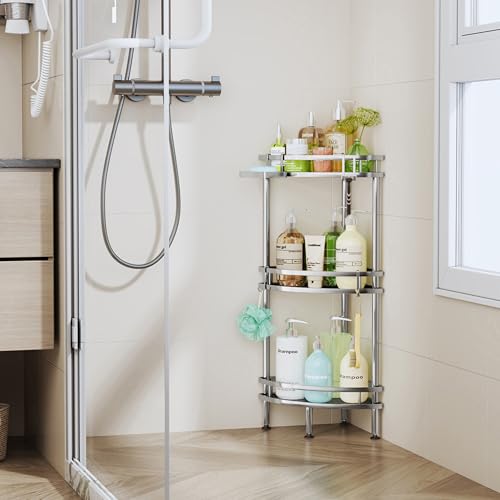 Image of HapiRm Standing Corner Shower Caddy - 3 Tier Shower Organizer Corner with Soap Holder and 4 Hooks, Rustproof Bathroom Storage Shelves with Adhesives, Silver